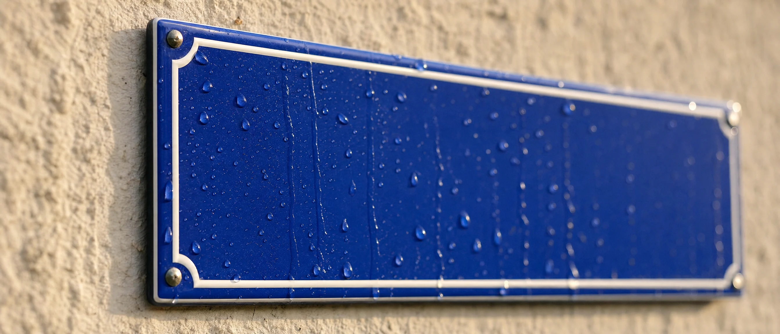 Regentropfen auf einem blauen Emailschild an einer Hauswand