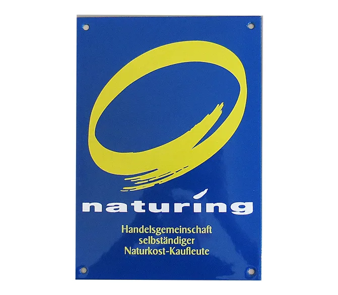 Blaues Werbeschild aus Email mit gelbem Ring