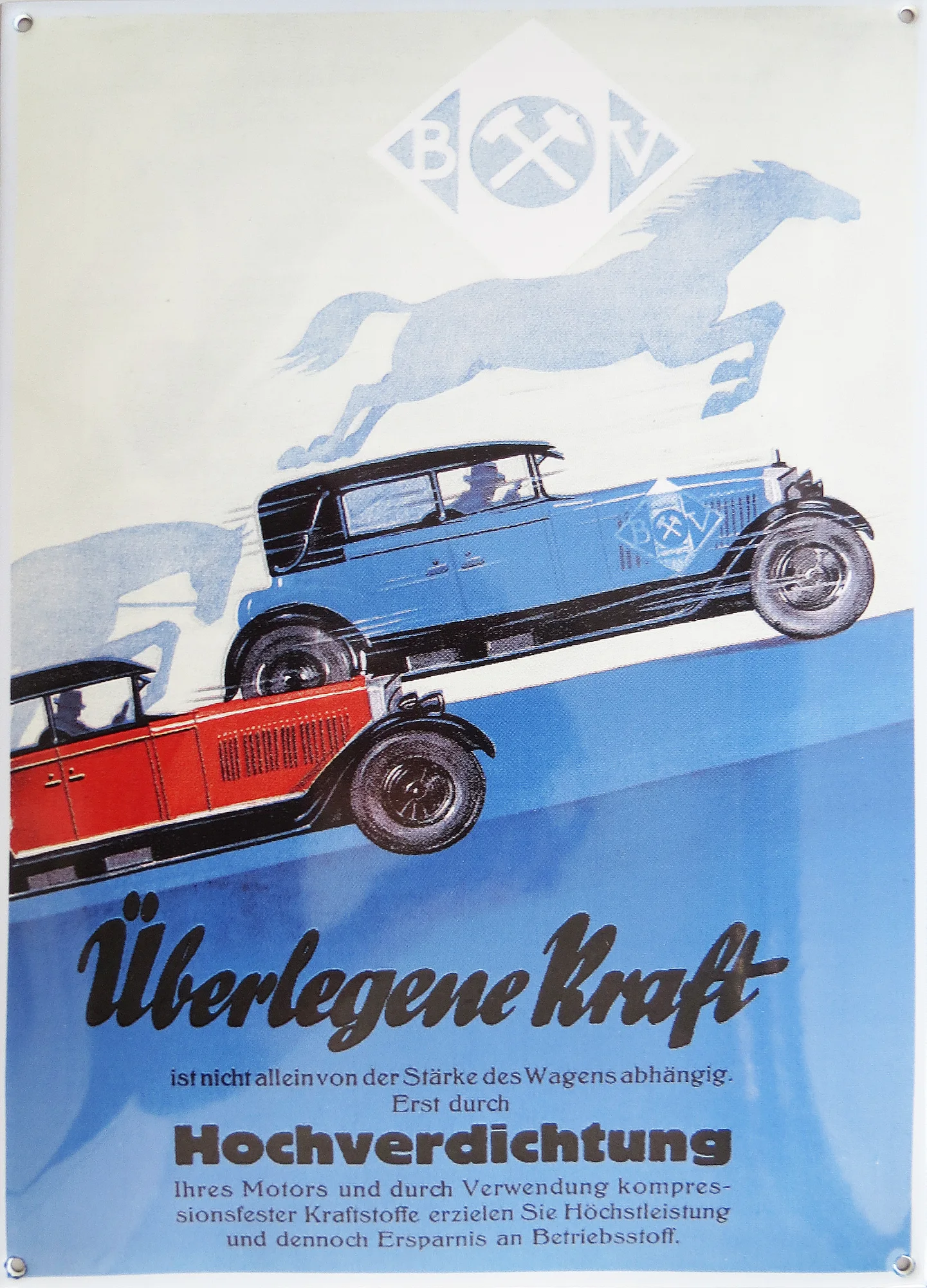 Nostalgisches Werbeschild „Überlegene Kraft“ aus Email mit zwei Oldtimern